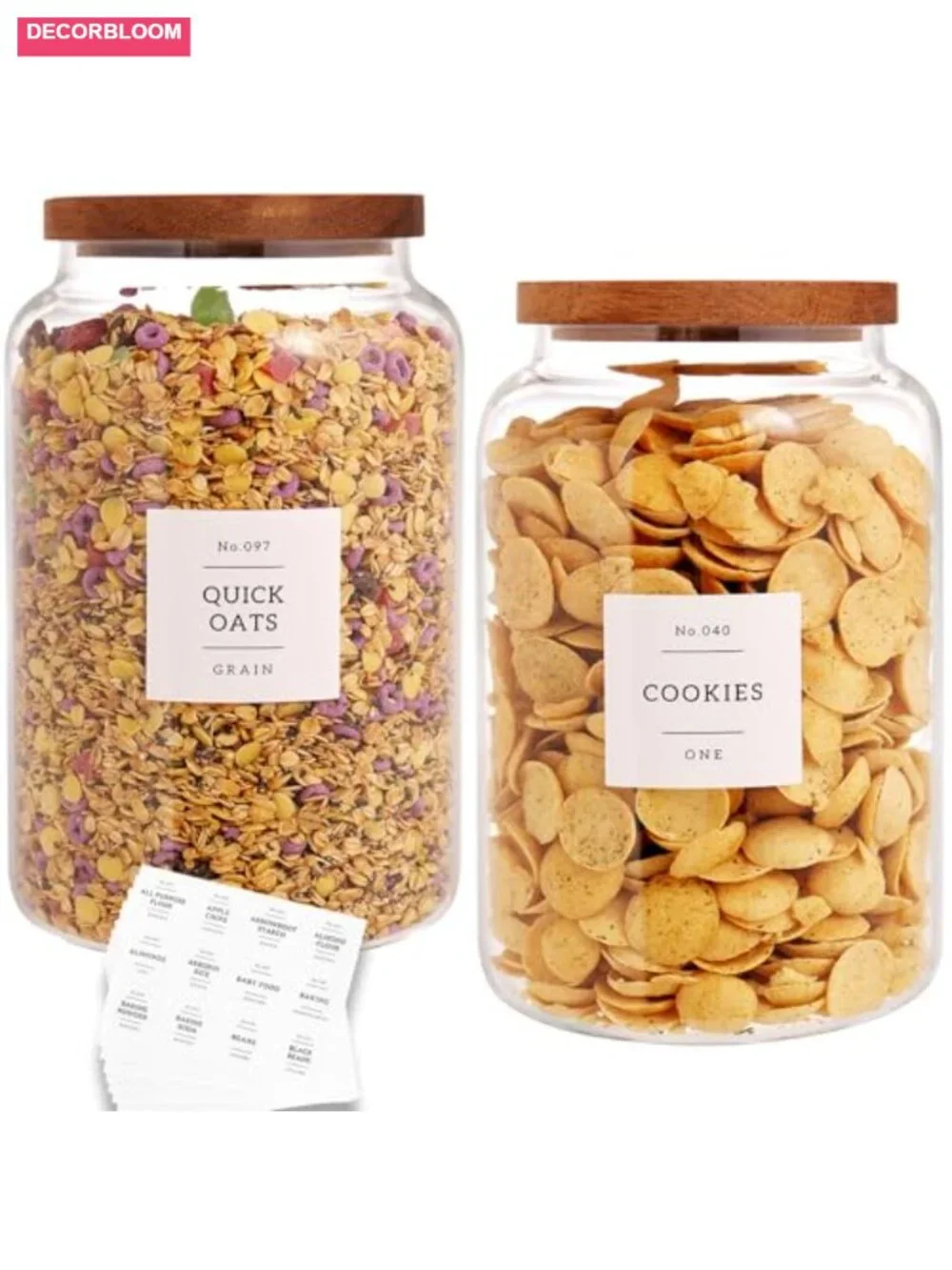 Set of 2 Large Glass Flour and Sugar Containers with 132 Pantry Labels, 1