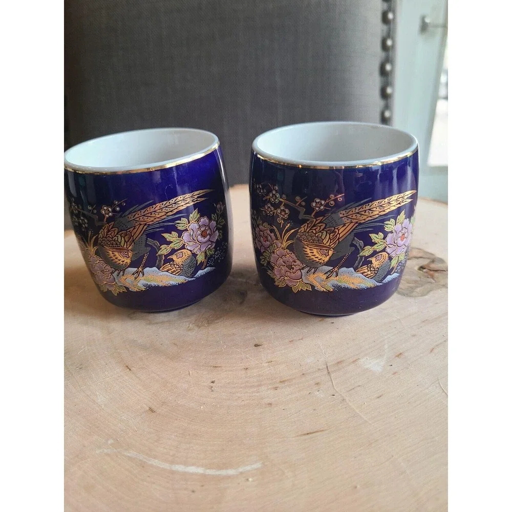 Japanese Sake‎ Tea Cups Cobalt Blue Gold Trim Floral Vintage