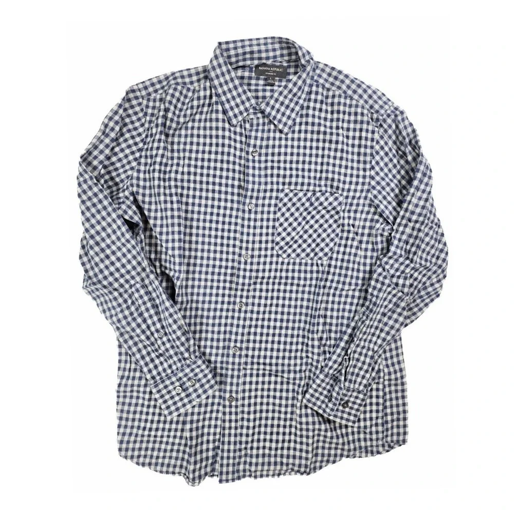 Banana Republic Standard Fit‎ Blue Gingham Chest Pocket L/S Shirt Men's Size L