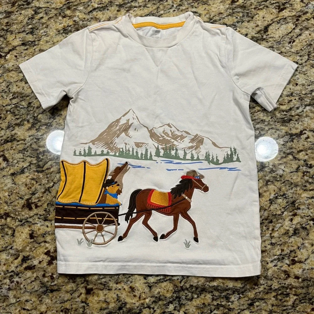 Gymboree Boys Size 7 White Cotton Graphic Tee Horse Covered Wagon Mountain