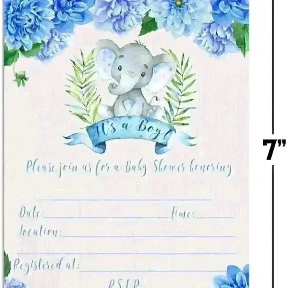 Watercolor Dahlia Floral Elephant-Themed Baby Boy Sprinkle Shower Invita…