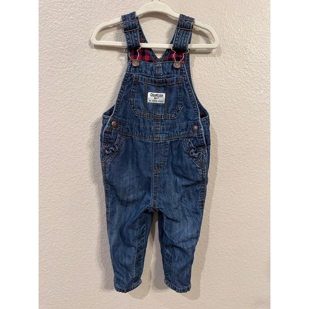 VINTAGE OshKosh B'Gosh Denim Overalls Red Plaid Lined Ruffle Trimmed Pockets