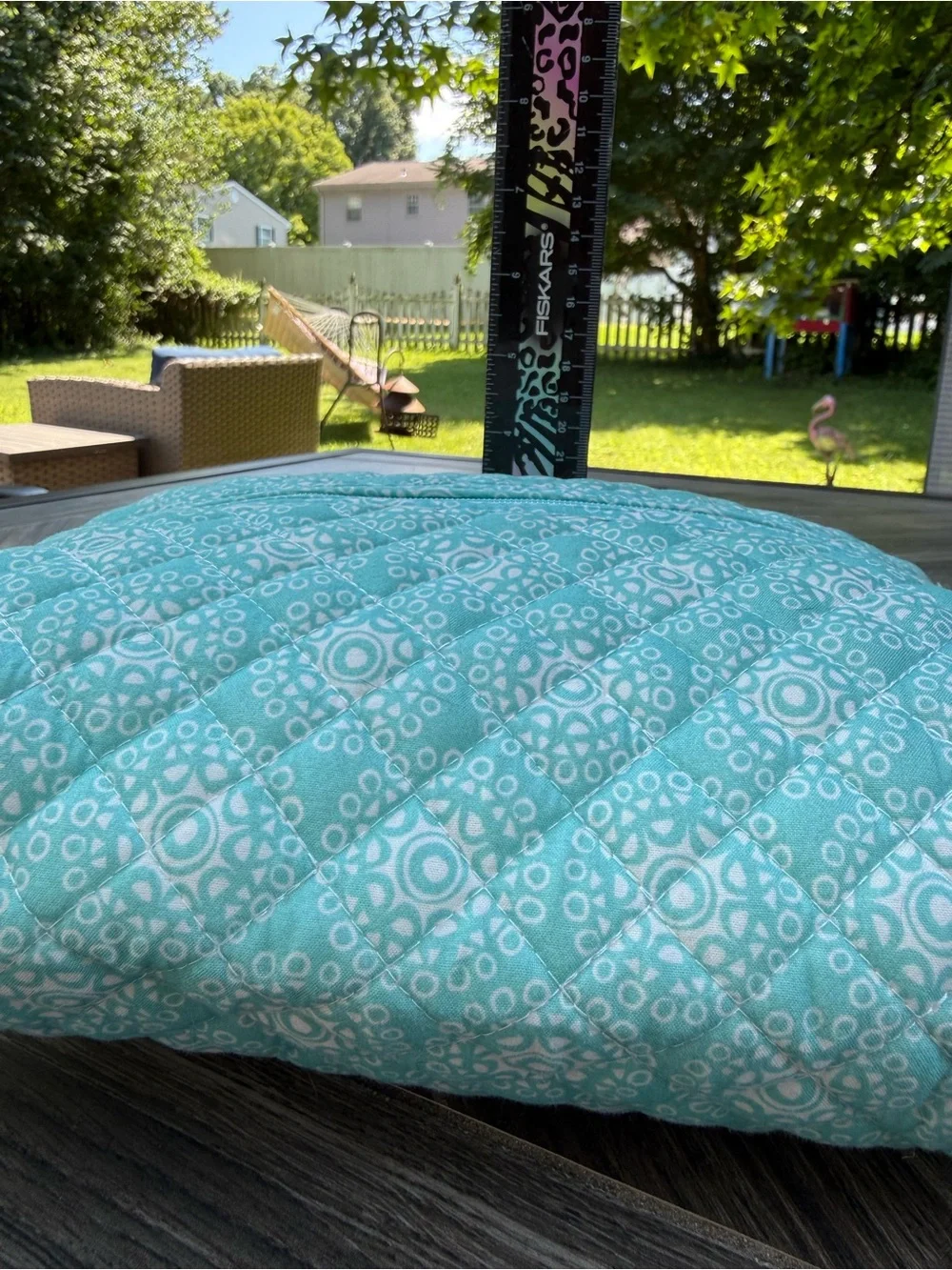 Hand Crafted Aqua Quilted Geometric Travel Pouch Cosmetic Bag Zipper Closure