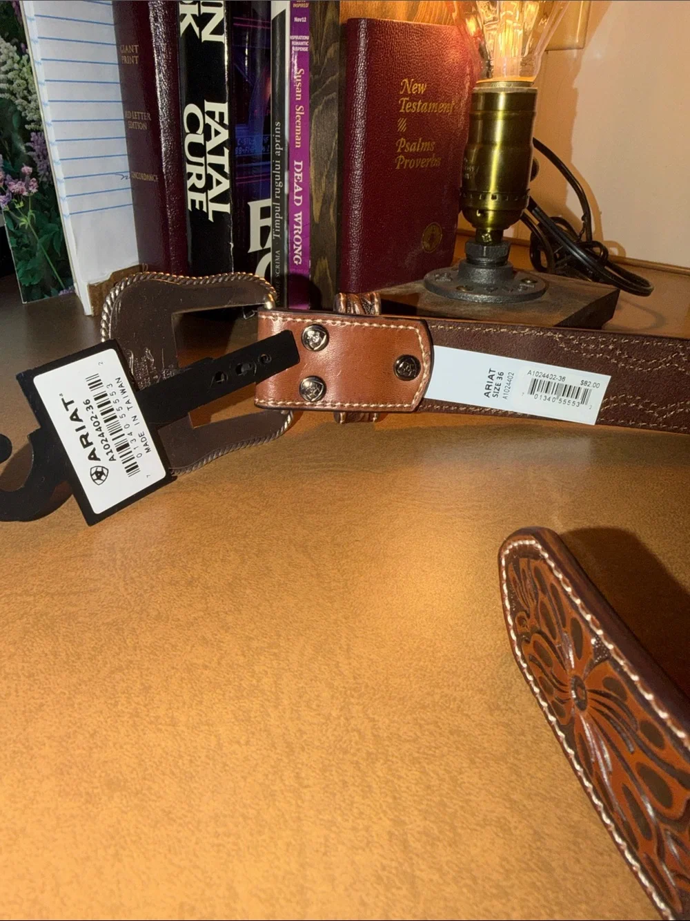 Ariat Brown Tooled Leather Belt with Engraved Silver Buckle