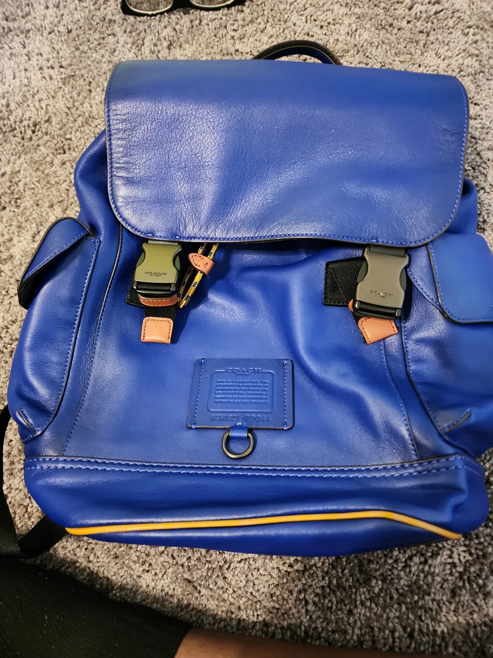 Coach Men’s Cobalt Blue Leather Backpack with Tan Accents