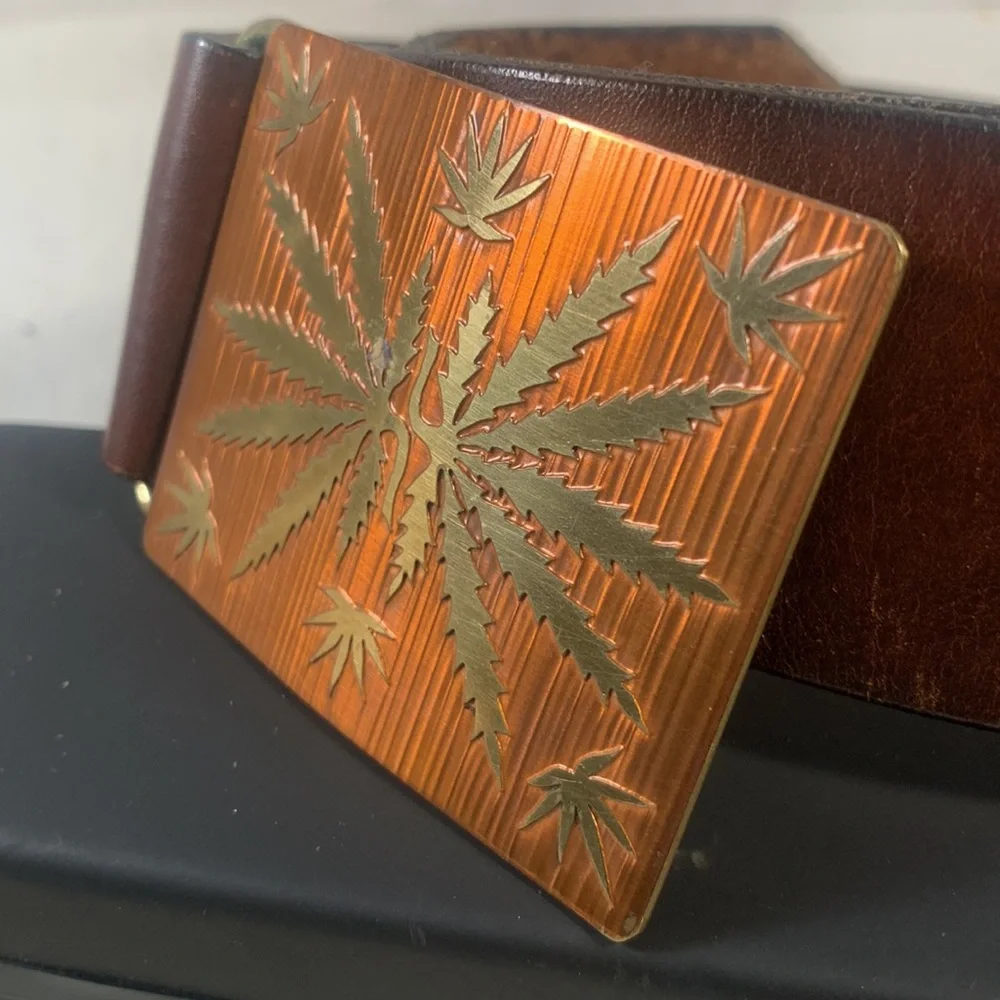 Vintage 70’s Horizon Brown Leather Belt With Brass and Copper Raised Weed Symbol