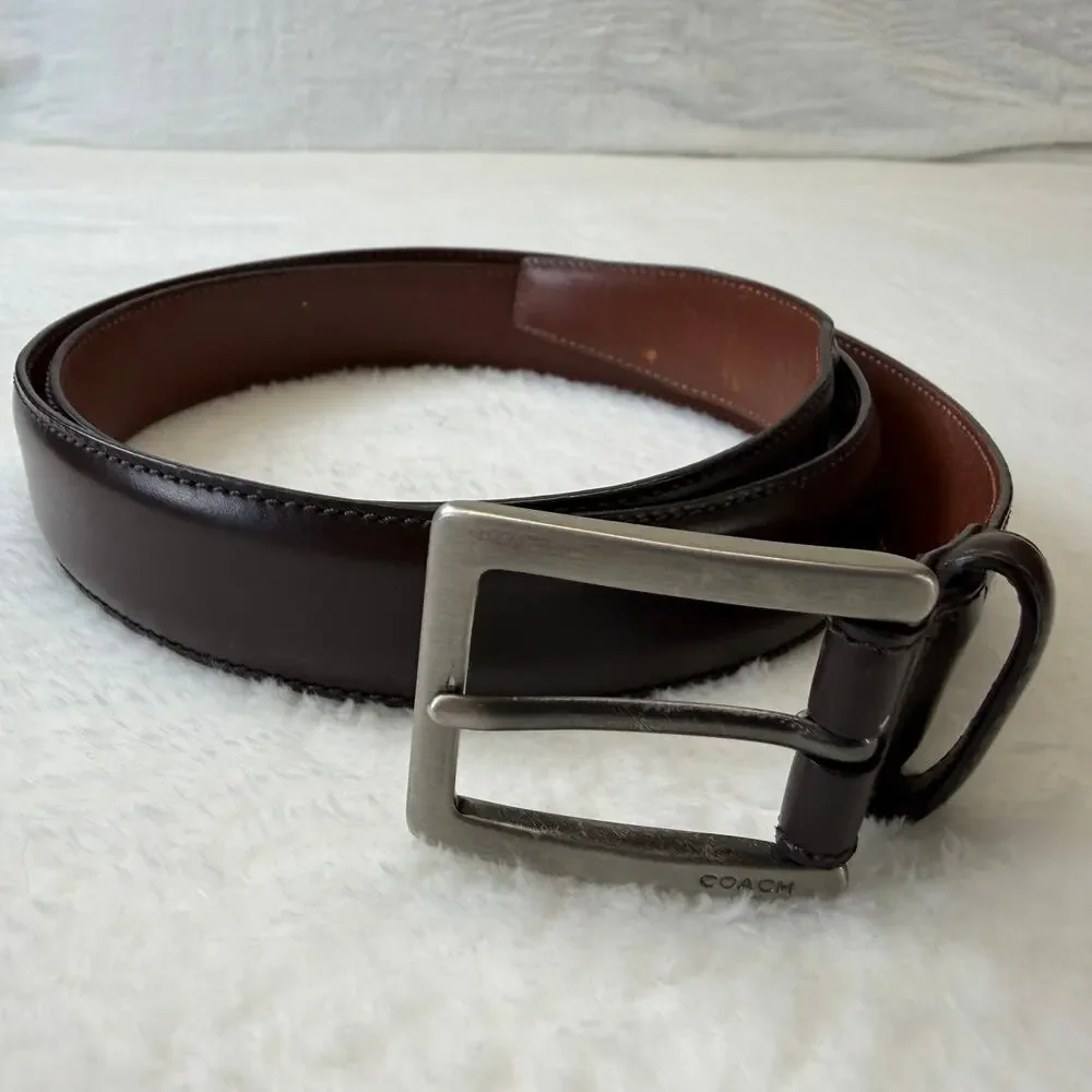 Coach Men's Brown Genuine Leather Belt Silver‎ Buckle Size 38