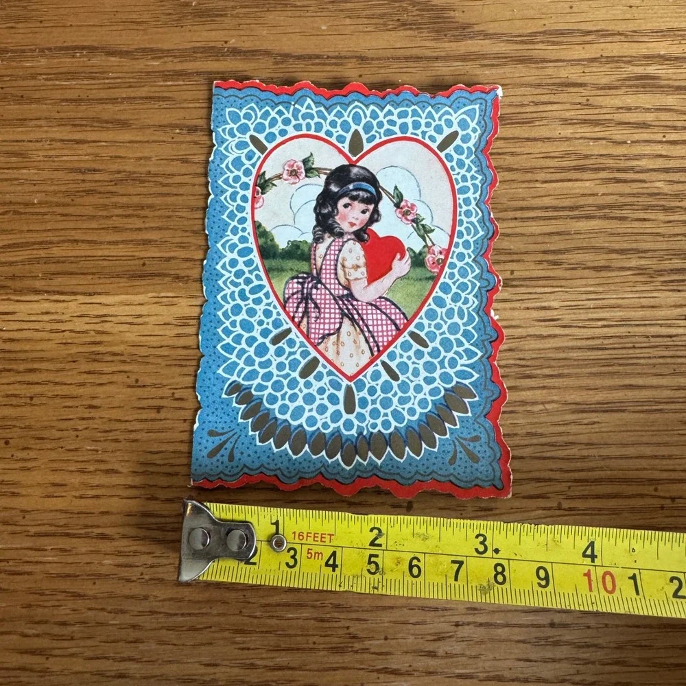Vintage Valentine Card Girl Holding Heart Embossed Whitman Made Worcester MA USA