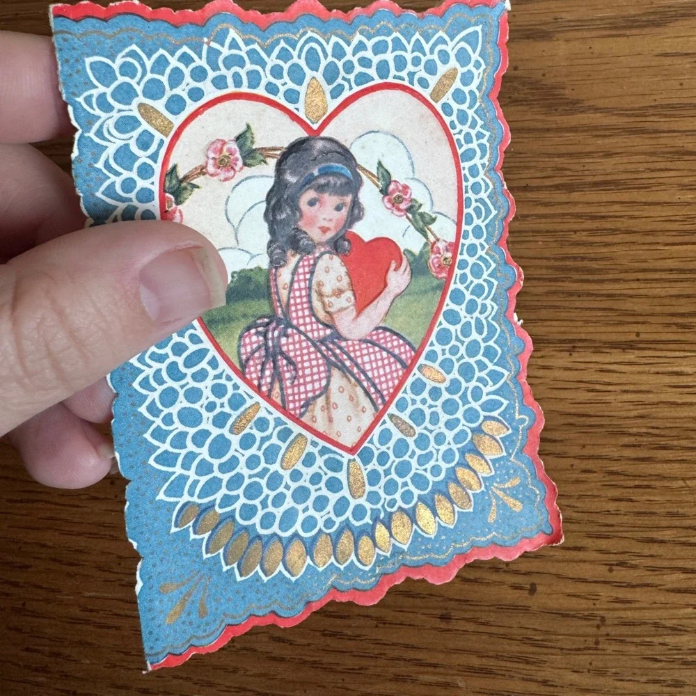 Vintage Valentine Card Girl Holding Heart Embossed Whitman Made Worcester MA USA