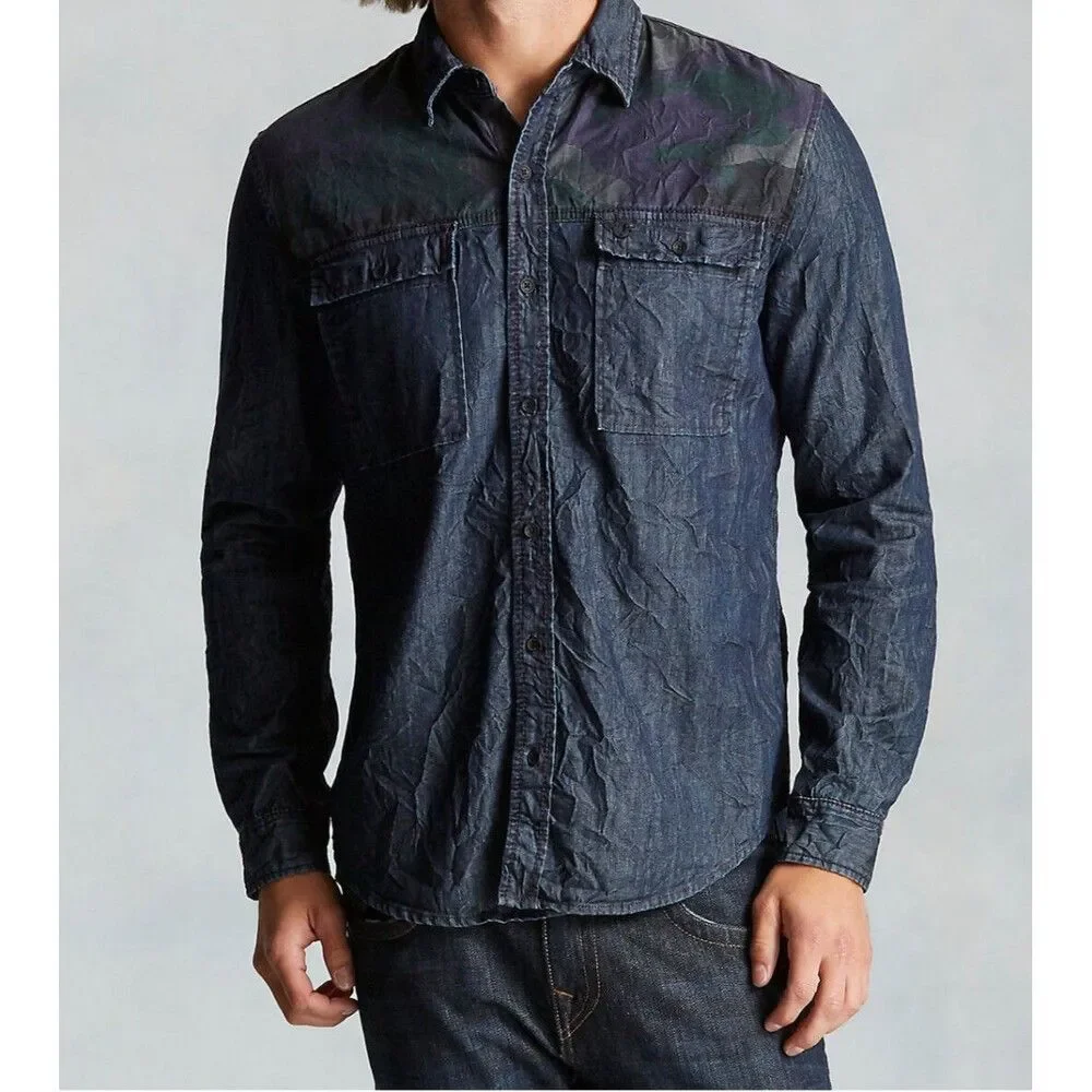 New Mens NWT True Religion Jeans Designer Denim Camo Shirt Button Down M Blue
