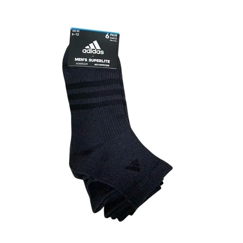 Adidas men’s super light 3.0 quarter socks six pairs‎ shoe size 6–12 black