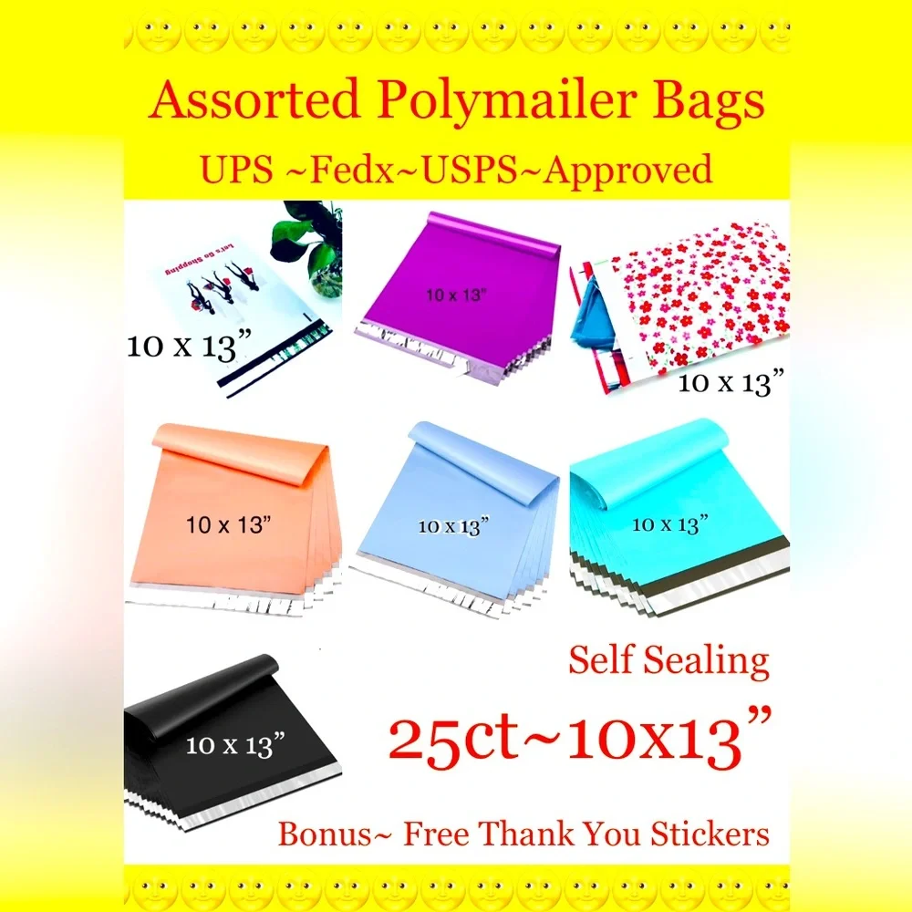 25ct ~10x13” Designer PolyMailers ⭐️🆕⭐️  7~Assorted Designs & 25ct Free Stickers