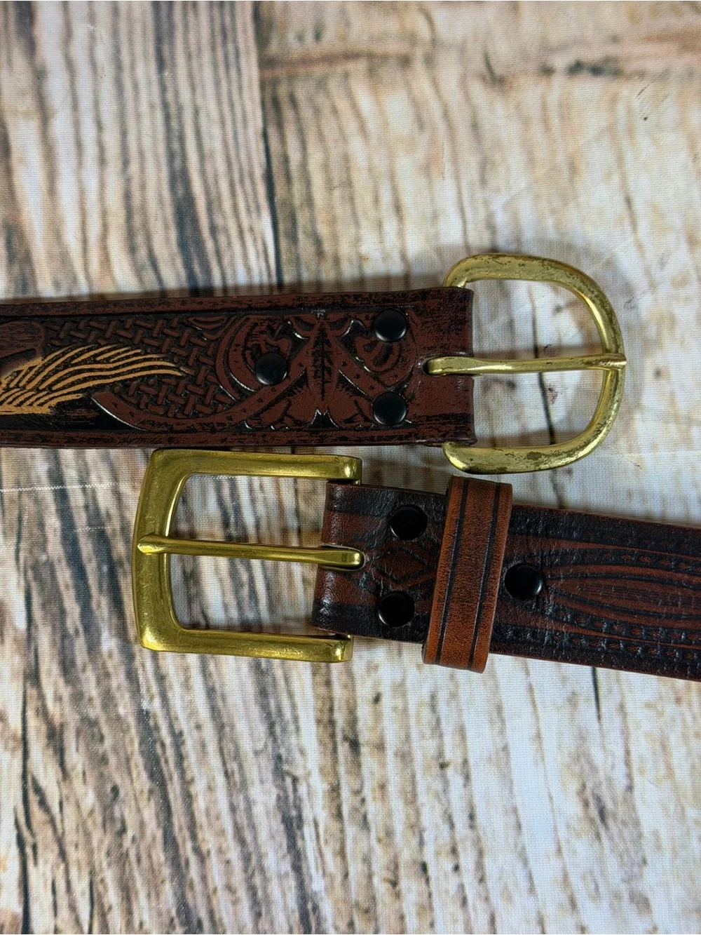 Wrangler Mens Leather Belt Lot of 2 Tooled Eagle Celtic Sz 44 Brass Buckle Brown
