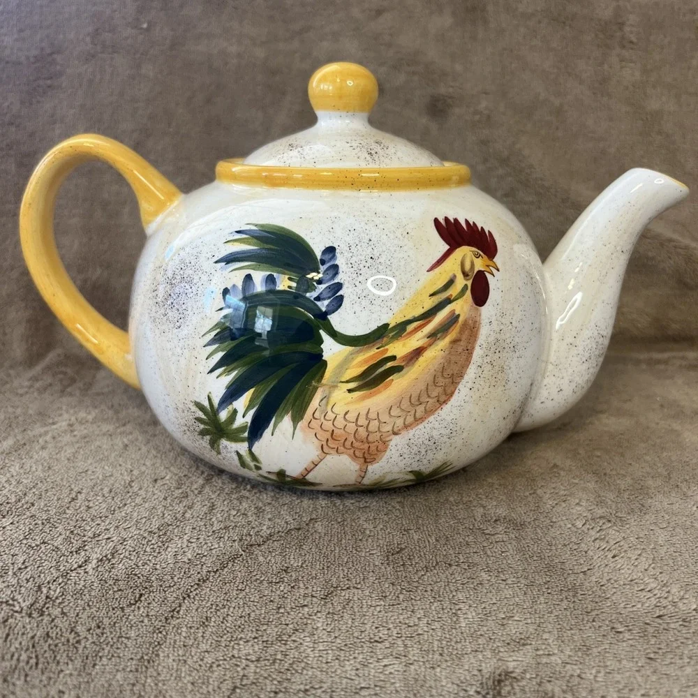 AMERICAN ATELIER Teapot & Lid Round Rooster‎ Handpainted Earthenware 5242