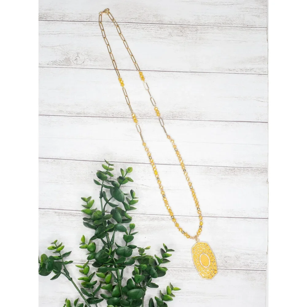 Let's Go To Brunch Mustard Oval Pendant on a Gold Chain Necklace