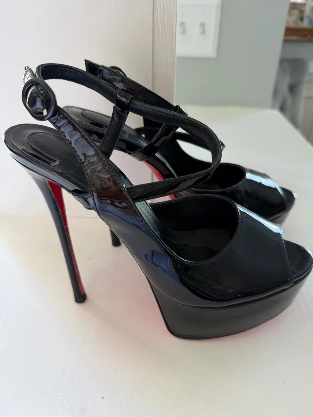 Black Patent High-Heel Platform Slingback Sandals