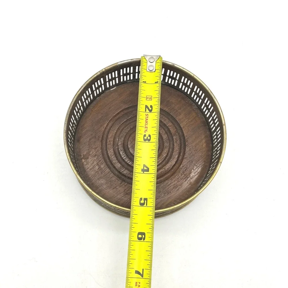 Vintage Brass Tone Pierced Wine Bottle Coaster Wood Base 5.5 Inch Ornate Barware