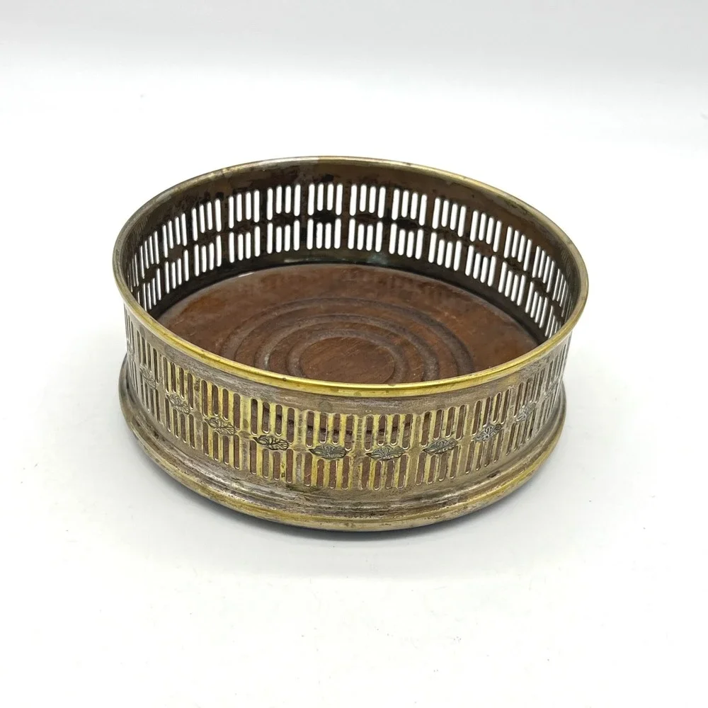 Vintage Brass Tone Pierced Wine Bottle Coaster Wood Base 5.5 Inch Ornate Barware