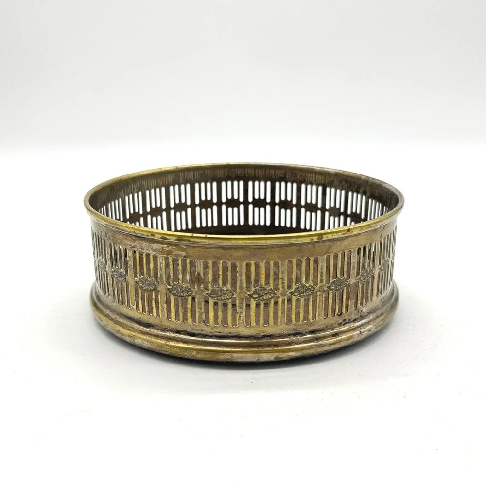 Vintage Brass Tone Pierced Wine Bottle Coaster Wood Base 5.5 Inch Ornate Barware