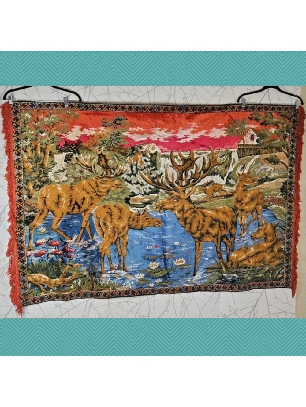 Vintage Deer Drinking Water In Forest Woodland Velvet Rug Wall Hanging 68