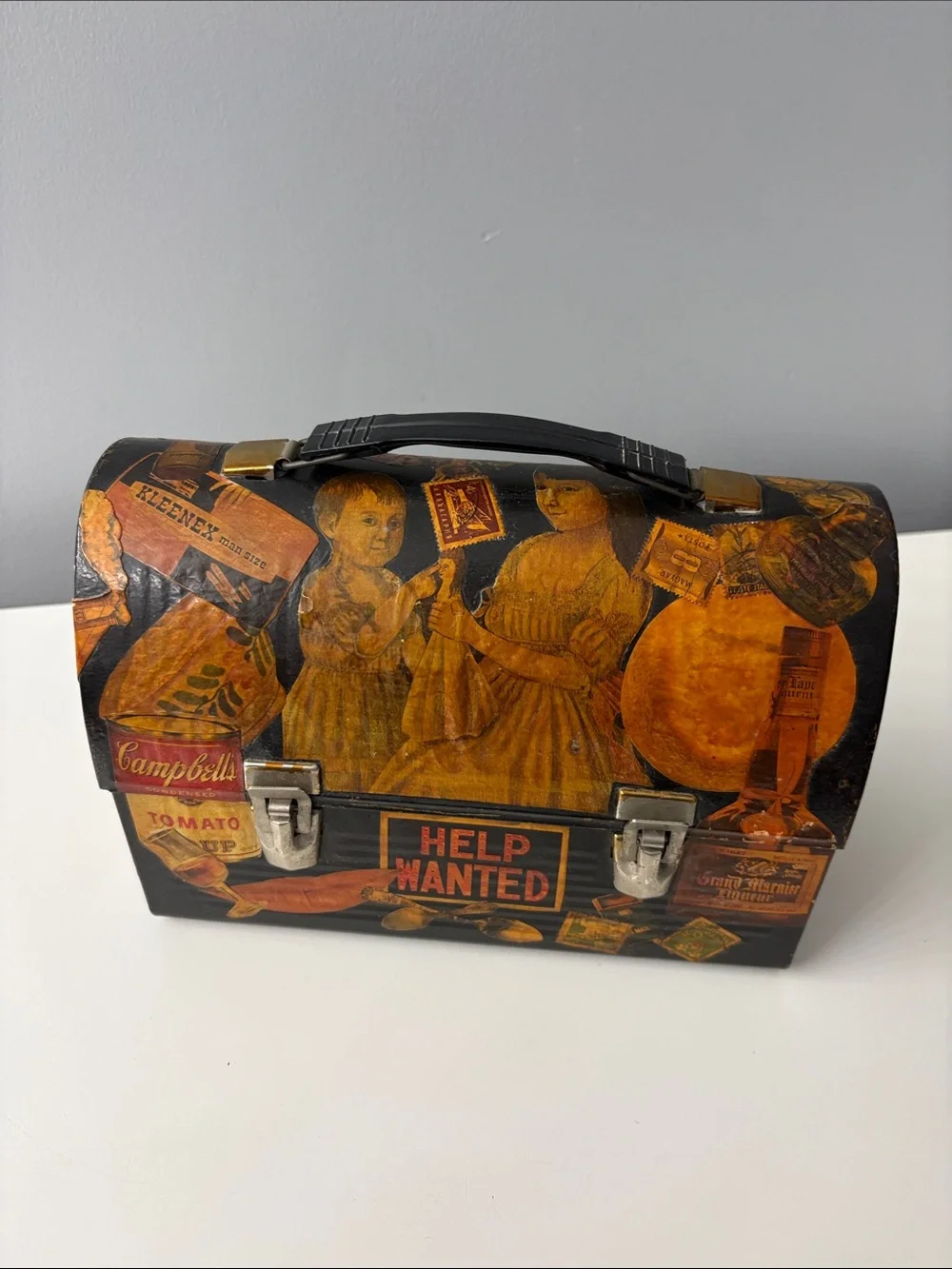 Vintage-Style Black and Brown Graphic Metal Lunchbox Storage Box