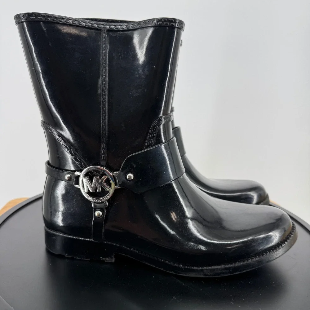 Michael Kors Black Rubber Rain Boots MK Logo Harness Moto Mid Calf Womens 8