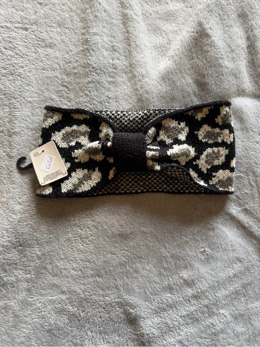 NWT Leopard Print Knit Bow Winter Headband Ear Warmer Black Gray One Size