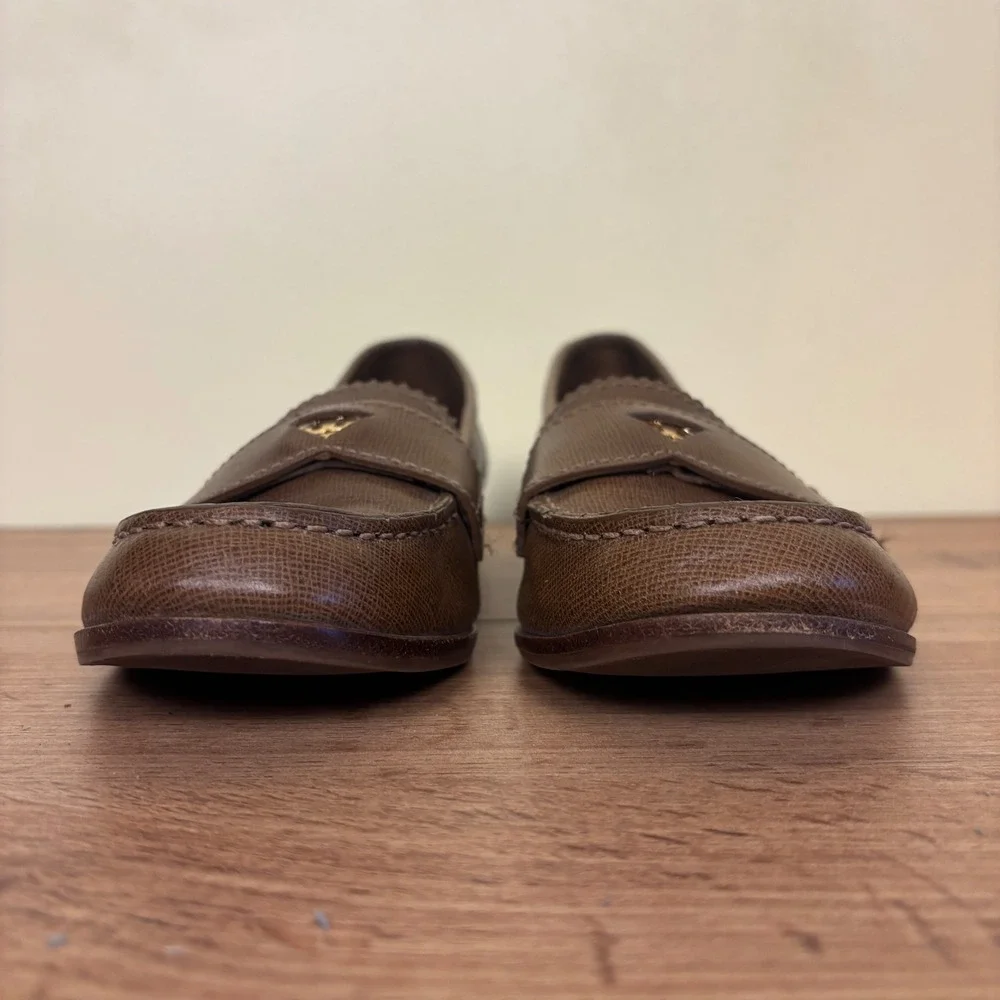 Tory Burch Brown Leather Loafers with Gold Logo Accent