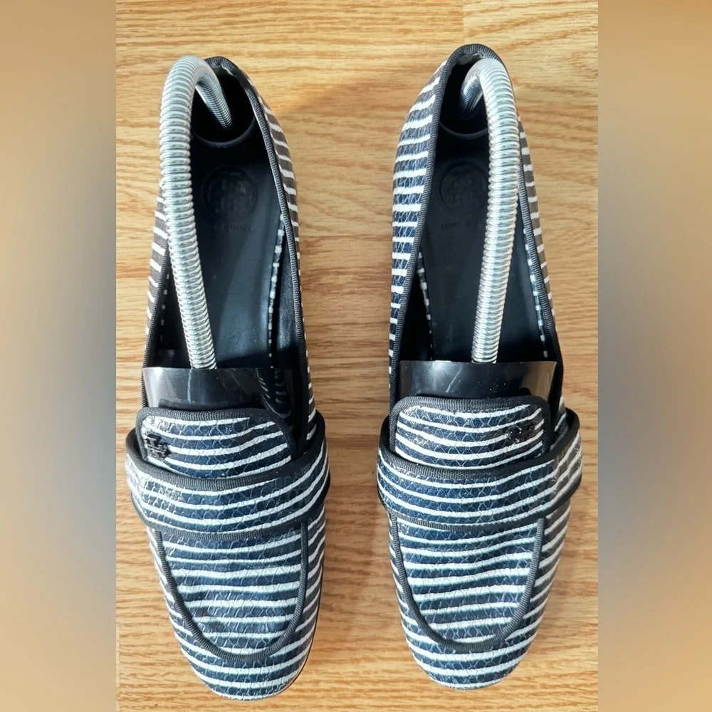 Tory Burch Blue/White Stripe Snakeskin Embossed Leather Smoking Slippers Size 9M