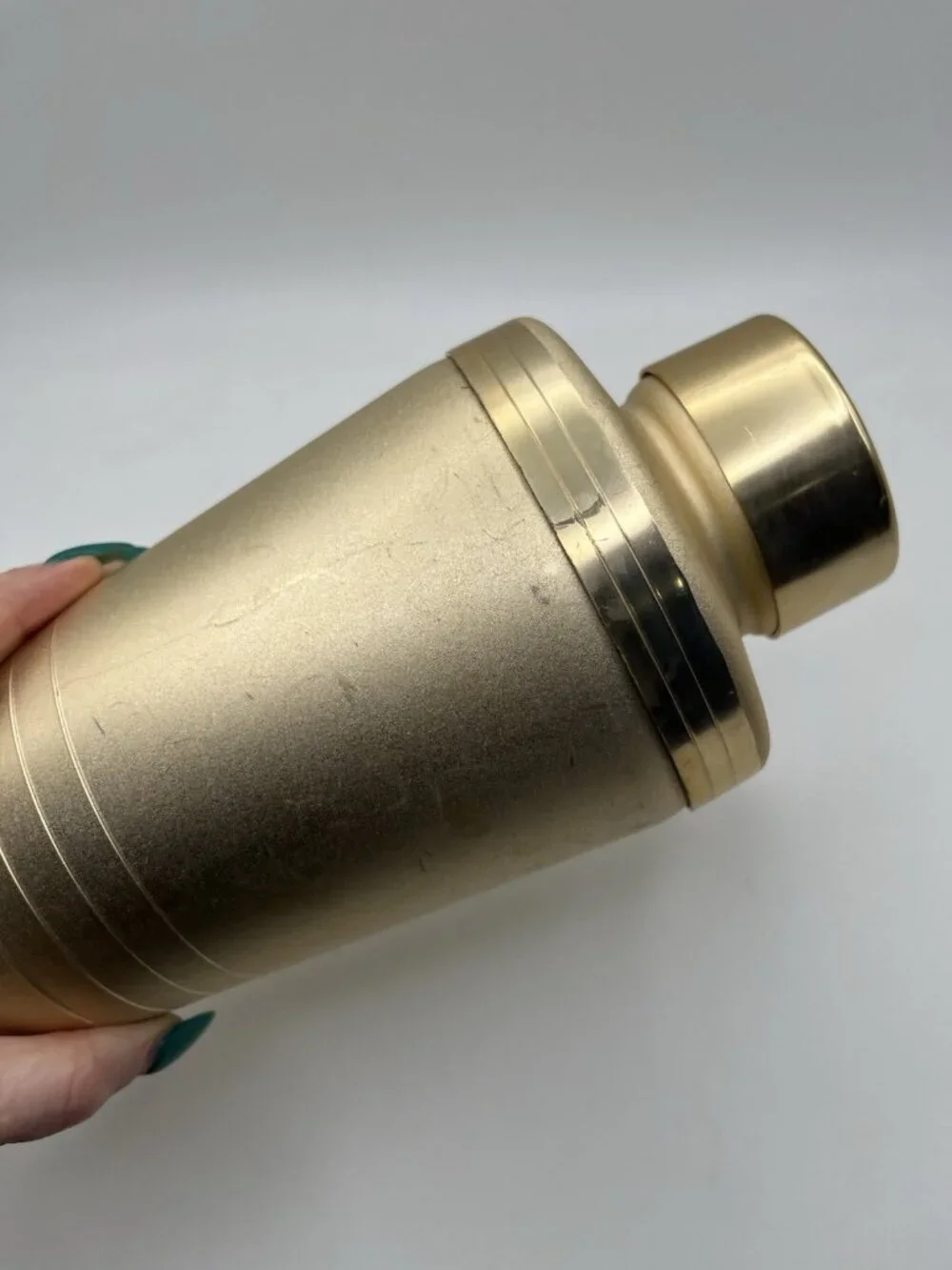 Vintage Mid Century Modern Gold Cocktail Shaker Mirro Aluminum Barware Atomic