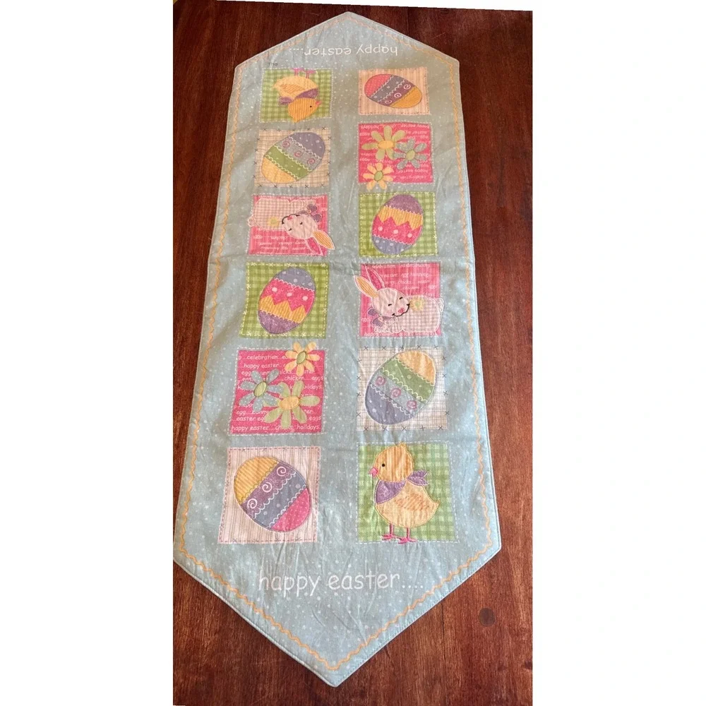 Happy Easter Quilted Table Runner Blue Polka Dot Bunny Chick‎ Eggs 13x36 LLL