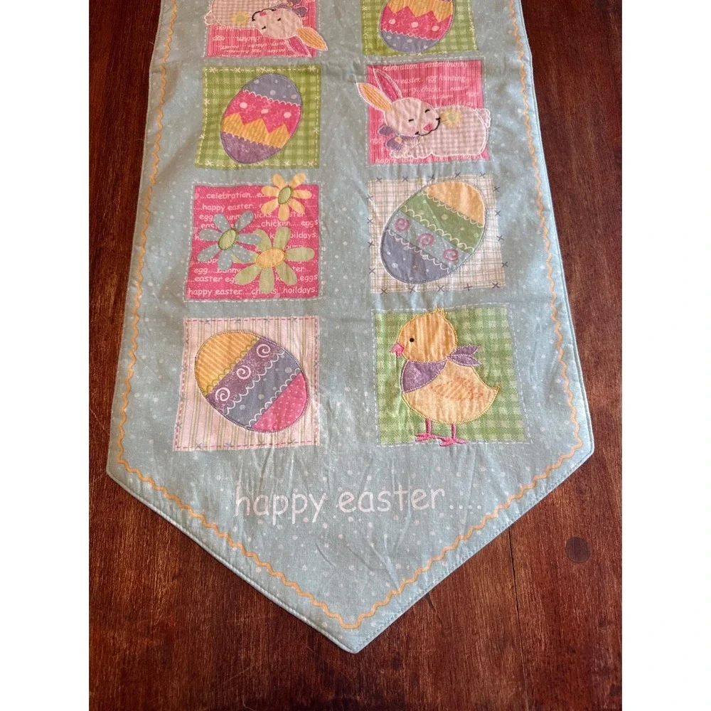 Happy Easter Quilted Table Runner Blue Polka Dot Bunny Chick‎ Eggs 13x36 LLL