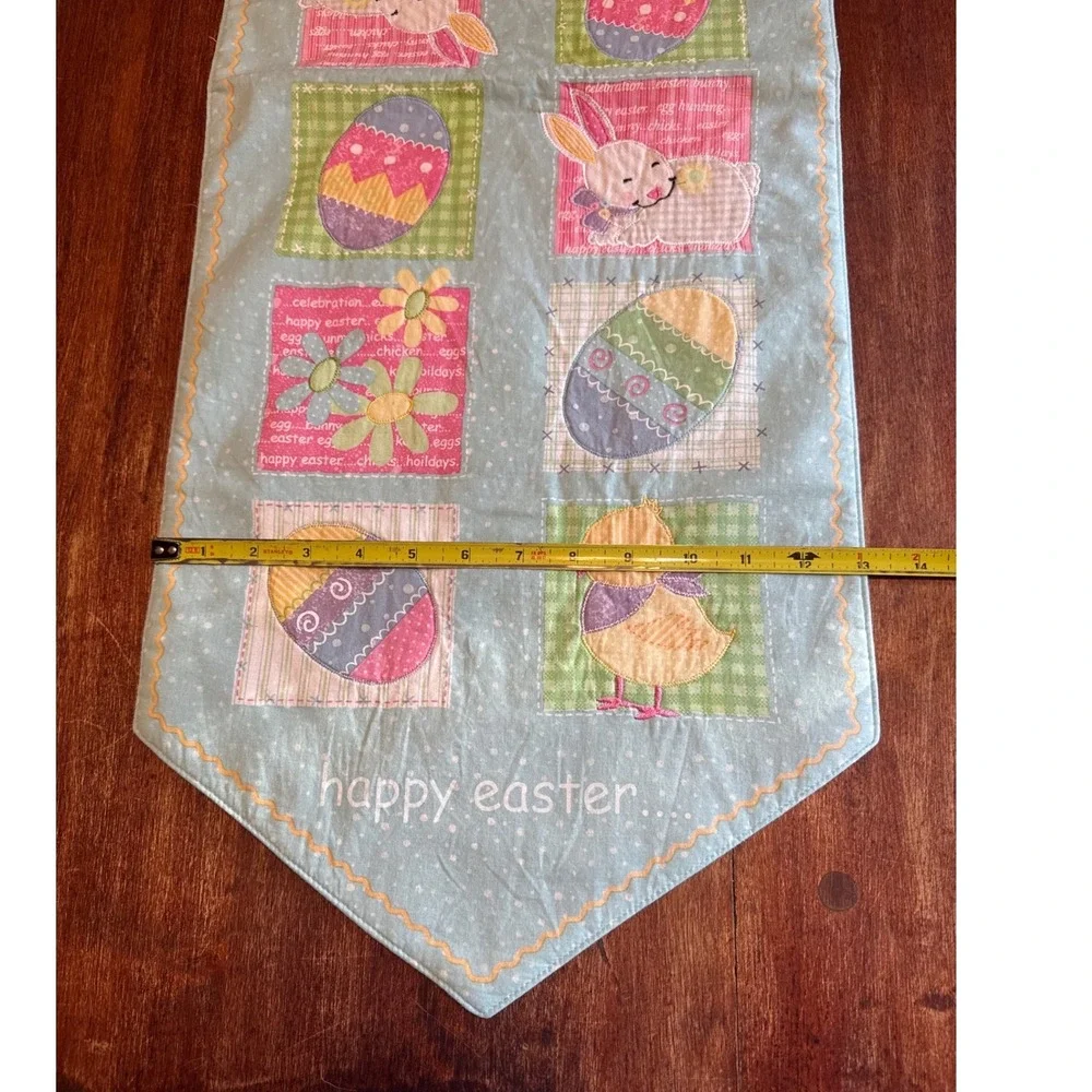 Happy Easter Quilted Table Runner Blue Polka Dot Bunny Chick‎ Eggs 13x36 LLL