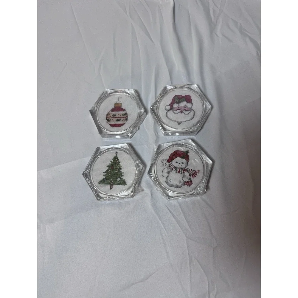 Set of 4 Clear Acrylic Hexagon Christmas Coasters Counted Cross Stitch Vtg New