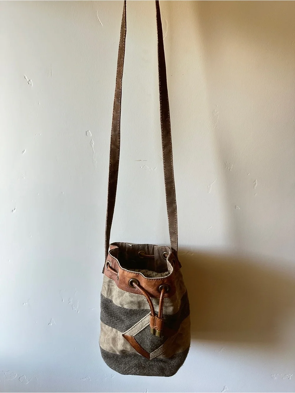 Mona B Striped Canvas Bucket Messenger Bag in Brown and Tan