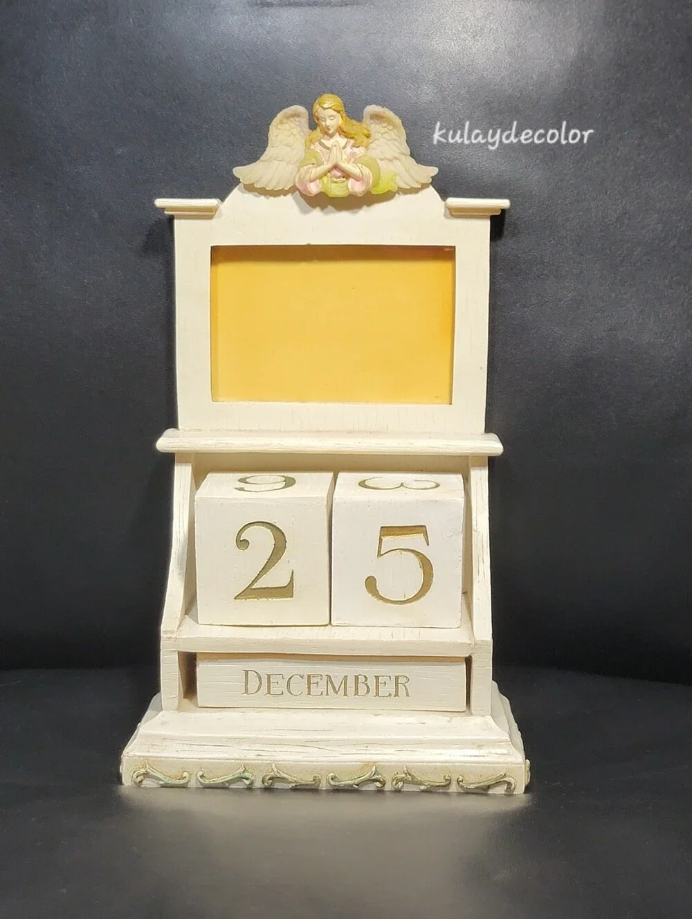 Vintage Praying Angel Perpetual Block Calendar Photo Frame Desk Distressed Decor