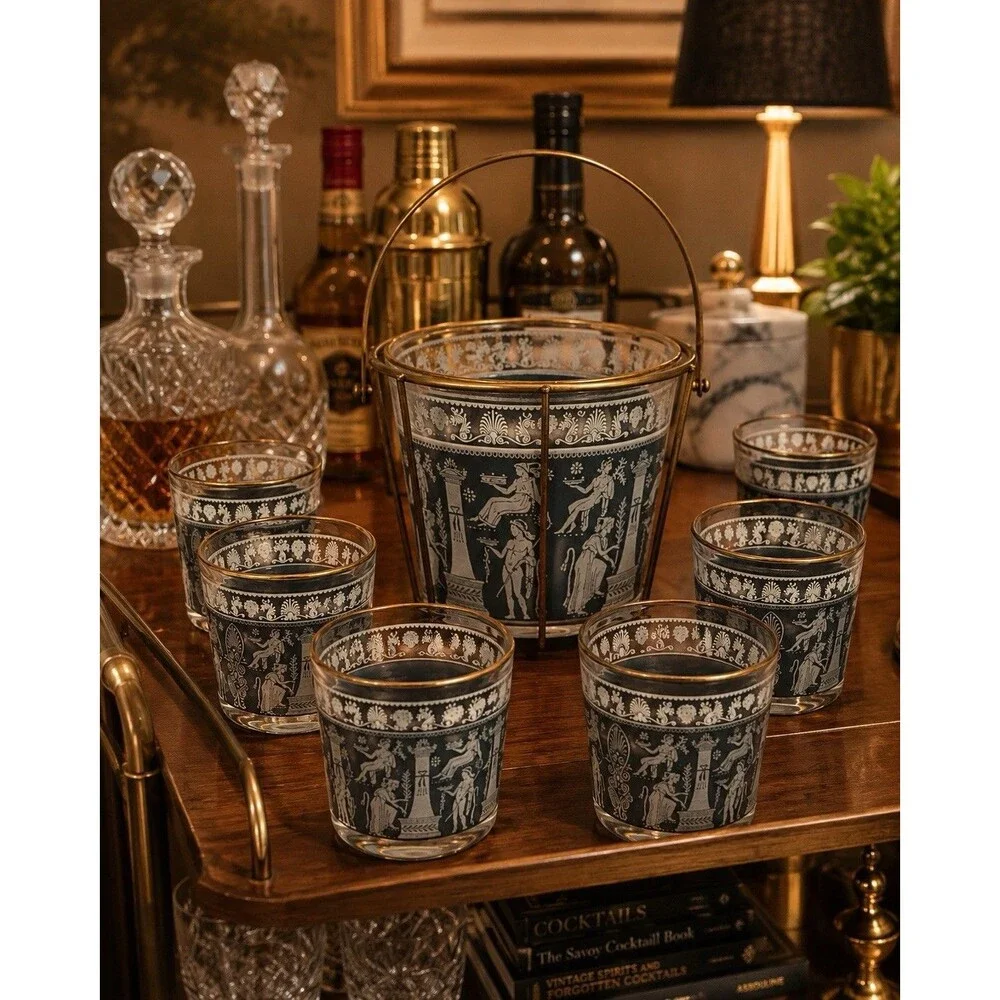 Vintage Greek Key Ice Bucket & 6 Rocks Glasses Grecian Gods MCM Barware Set