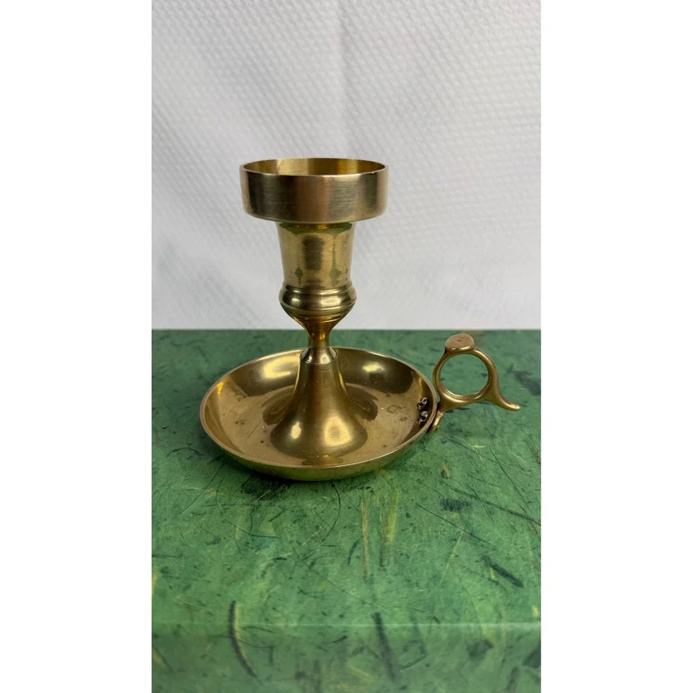 Vintage Solid Brass Chamberstick Candle Holder Gold Colonial Style Finger Loop
