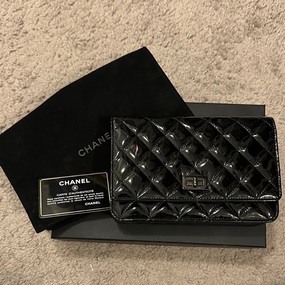 CHANEL 2.55 So Black Quilted Patent Leather Wallet on Chain