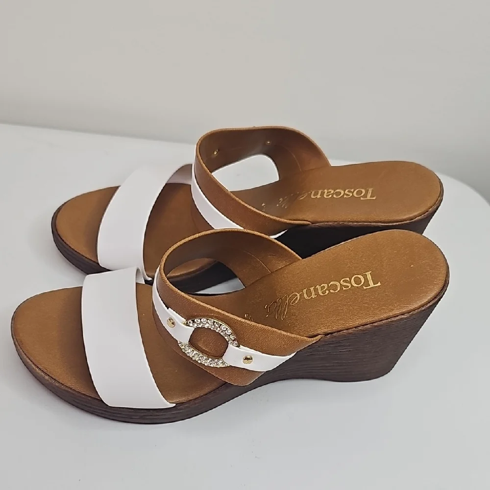 Toscanella Women's White and‎ Brown Wedge Sandals Size 7.5
