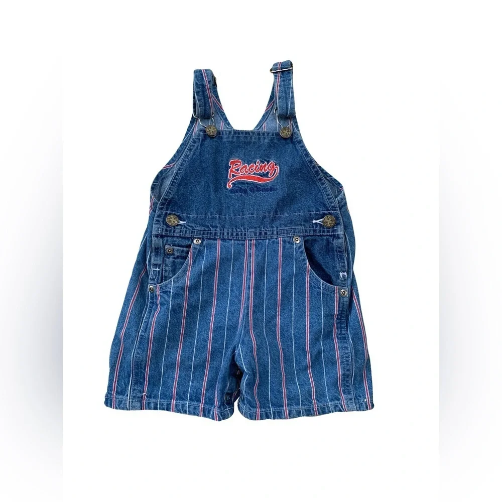 Vintage OshKosh Size 18 Months Racing Pinstripe Denim Shortalls Bib Overalls