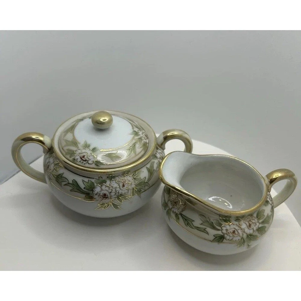 Nippon Floral Hand Painted Porcelain Creamer & Sugar Set W/Lid Vintage