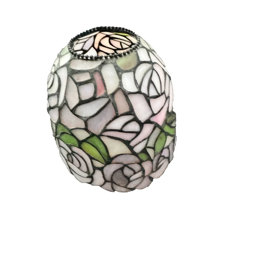 Vintage Tiffany Style Stained Glass Rose Lamp Shade Beaded Crown & Scalloped rim