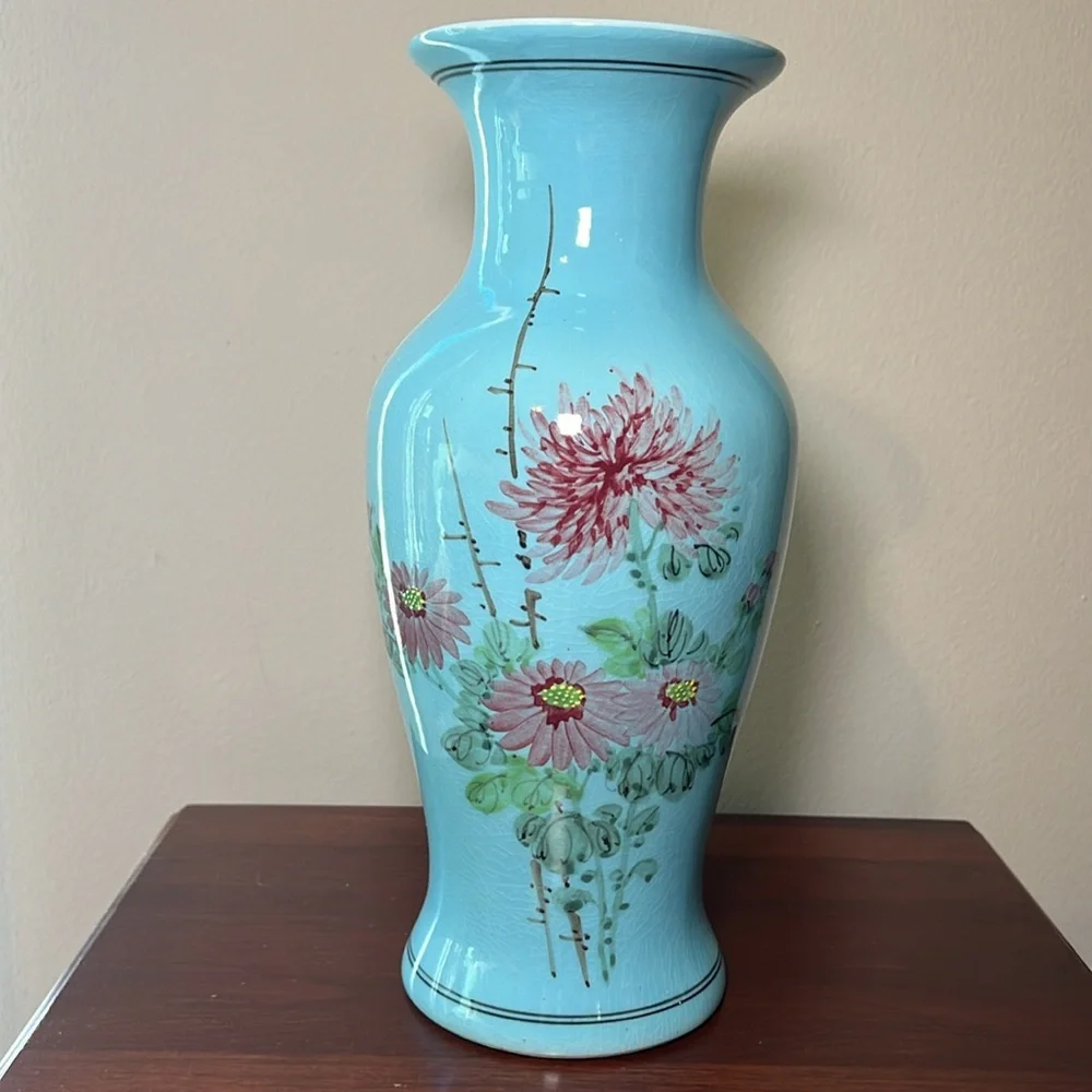 11.5” Vintage Asian oriental style blue Handpainted floral large porcelain vase