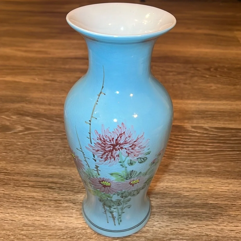 11.5” Vintage Asian oriental style blue Handpainted floral large porcelain vase