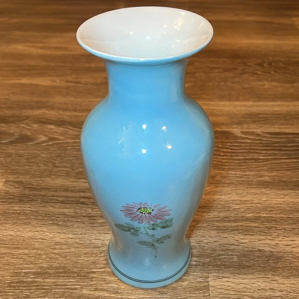 11.5” Vintage Asian oriental style blue Handpainted floral large porcelain vase