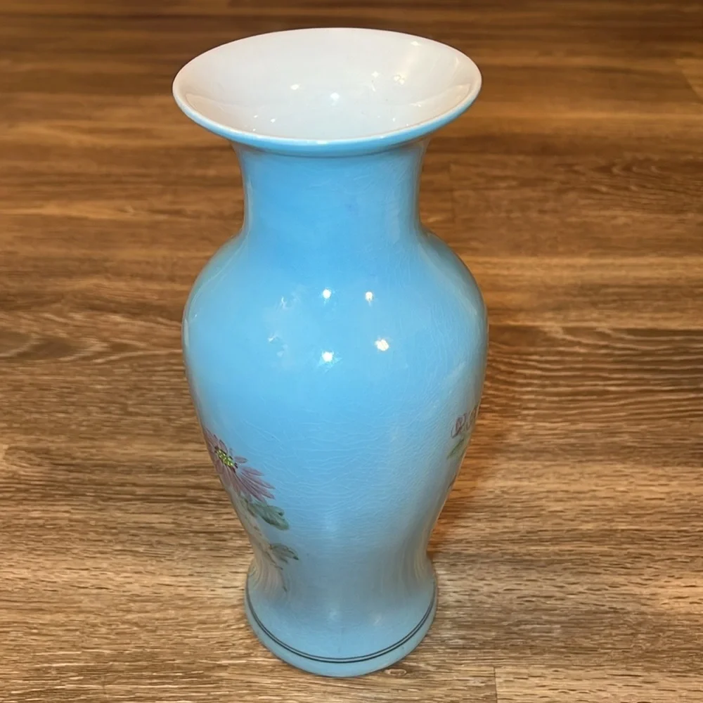 11.5” Vintage Asian oriental style blue Handpainted floral large porcelain vase