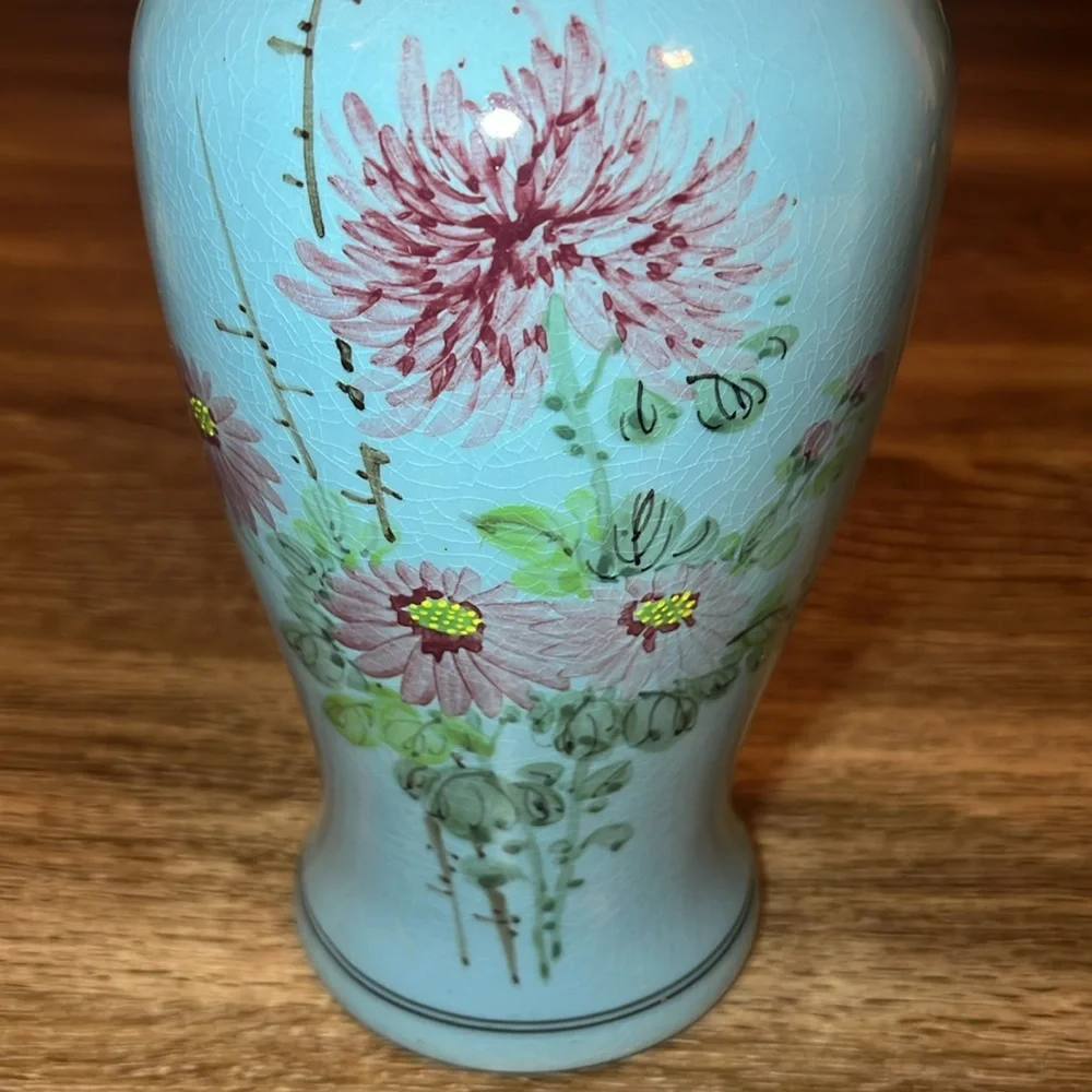 11.5” Vintage Asian oriental style blue Handpainted floral large porcelain vase