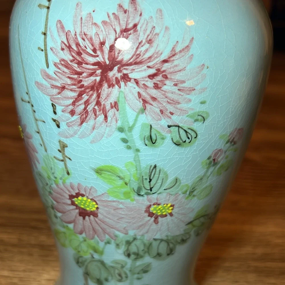 11.5” Vintage Asian oriental style blue Handpainted floral large porcelain vase