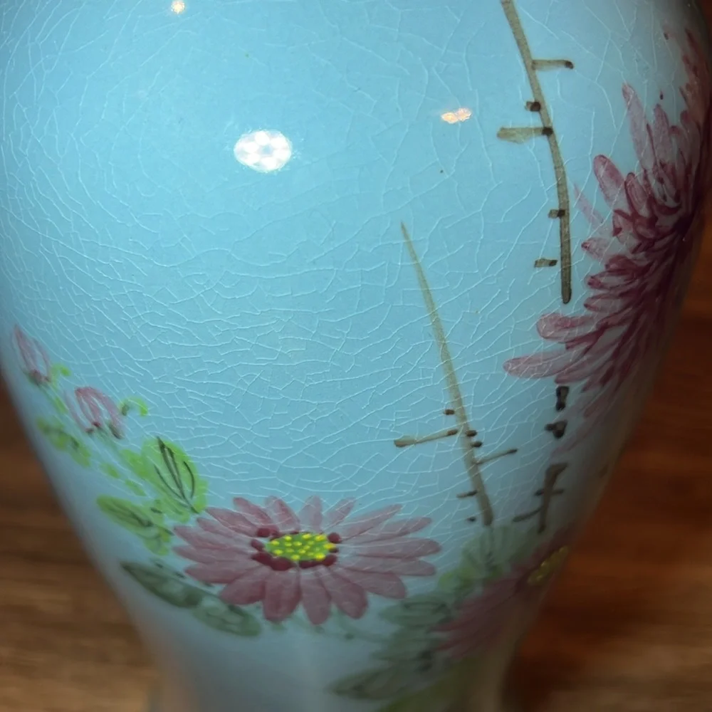 11.5” Vintage Asian oriental style blue Handpainted floral large porcelain vase